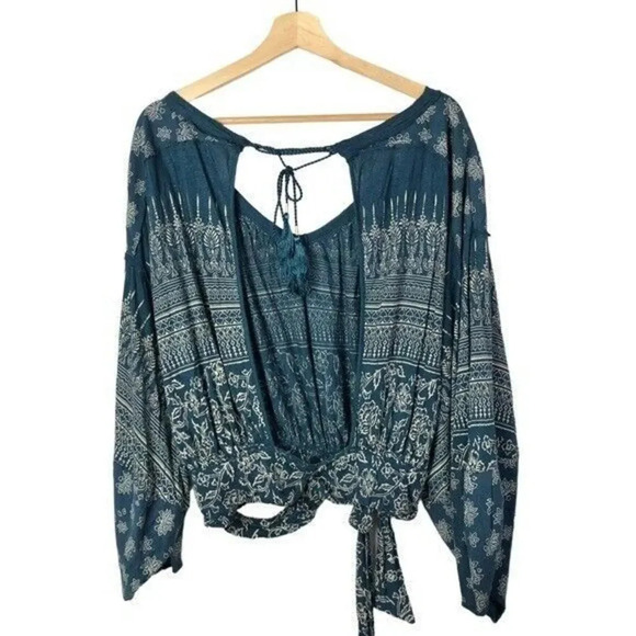 Free People Weekend Warrior Denim Blue Printed Open Back Long Sleeves S - Picture 4 of 9